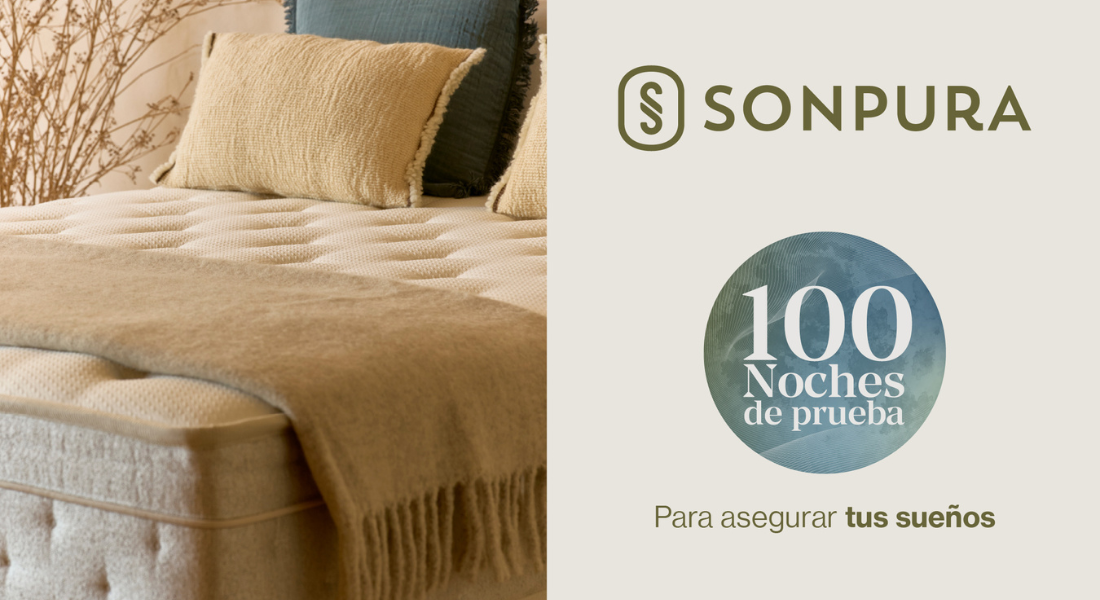 Colchón premium Sonpura con acolchado ergonómico, cojines decorativos y garantía de 100 noches de prueba para disfrutar de un descanso cómodo y adaptado a cada persona.